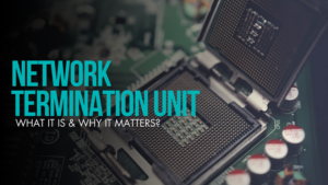 A close-up view of an open computer motherboard socket with visible circuits and components. Overlaid text reads, "Network Termination Unit: What It Is & Why It Matters?", indicating a technical topic related to computer networking or hardware infrastructure.