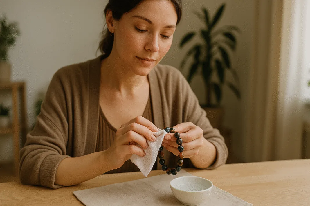 A serene woman in earth-toned clothing gently cleans a pietersite bracelet with a soft cloth at a light wooden table. A small bowl of cleaning solution and a beige cloth rest on the table, with indoor plants and soft natural light filling the cozy, minimalist room.