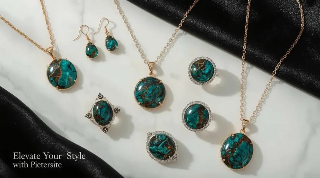 A luxurious arrangement of Pietersite jewelry pieces—including necklaces, earrings, and rings—displayed on a white marble background accented with a black silk cloth. The jewelry features rich teal-blue Pietersite stones with gold and black veins, set in gold and silver settings, exuding a sophisticated and elegant vibe. The phrase 'Elevate Your Style with Pietersite' is displayed in the bottom corner.