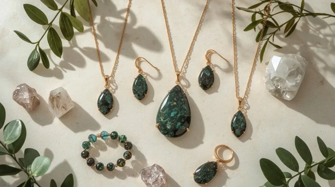 A curated display of Pietersite jewelry featuring necklaces, earrings, a bracelet, and a ring set against a neutral beige background. The jewelry pieces, with rich green and black stones set in gold, are surrounded by green leafy branches and raw quartz crystals. The natural elements and soft lighting create an earthy, holistic feel, evoking a sense of calm and connection to nature.