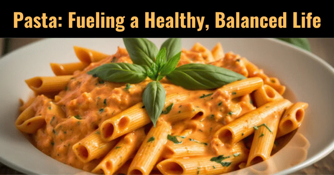 A bowl of creamy pasta garnished with fresh basil leaves, showcasing penne pasta in a rich tomato-based sauce, promoting the idea of pasta as part of a healthy, balanced life.
