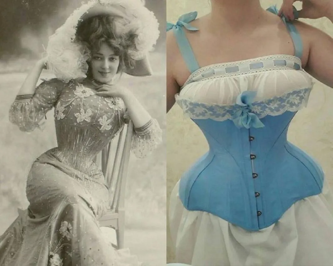 Side-by-side images showing the Edwardian corset style — on the left, a vintage Edwardian Corsets-era woman in a tightly cinched corset dress, and on the right, a modern recreation of an Edwardian corsets in blue and white with lace details.