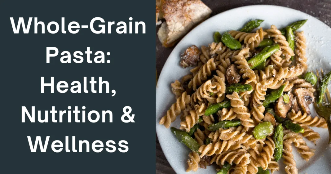 Plate of whole-grain pasta with asparagus, mushrooms, and green vegetables, served as a nutritious meal alongside bread, promoting health and wellness.