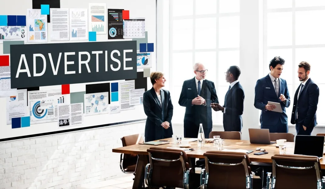 Business meeting with advertising presentations.