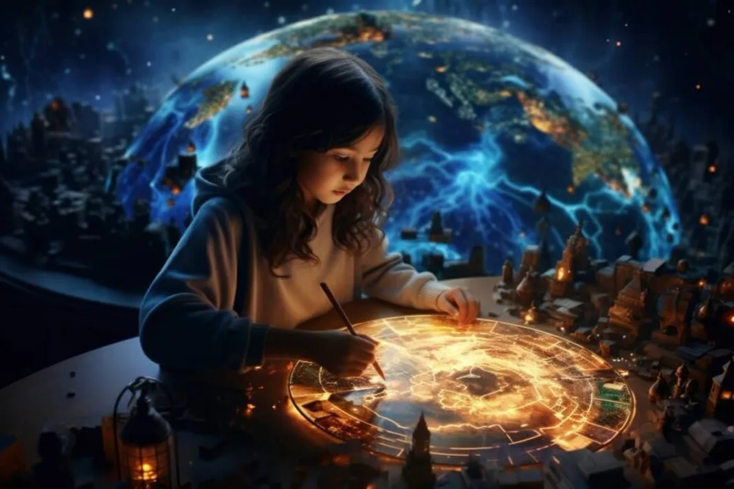 Young girl studying an illuminated astrological chart with a glowing Earth in the background, symbolizing planetary influence and astrology.