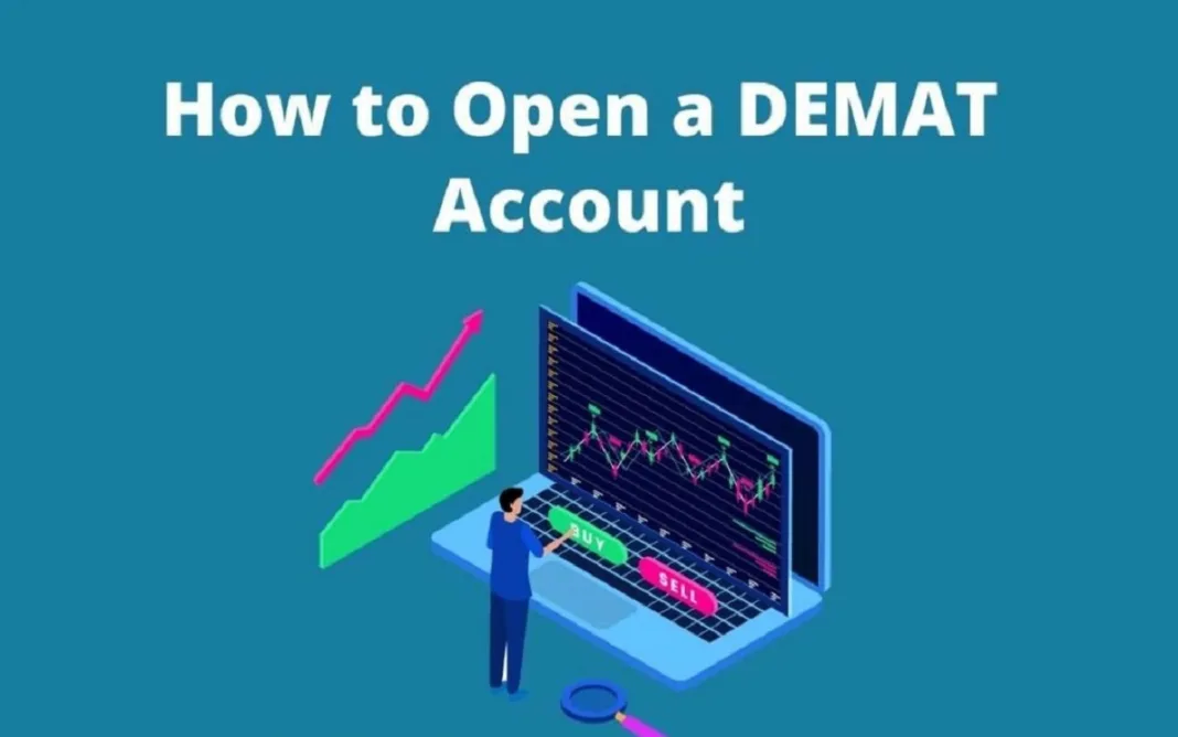 Illustration showing a person using a laptop with stock market charts and buy–sell options, with the title ‘How to Open a Demat Account’.